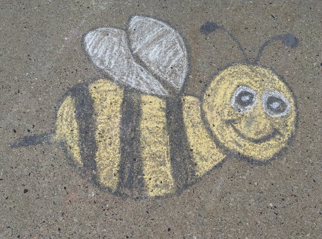 A picture of a bee drawn on pavement using chalk.